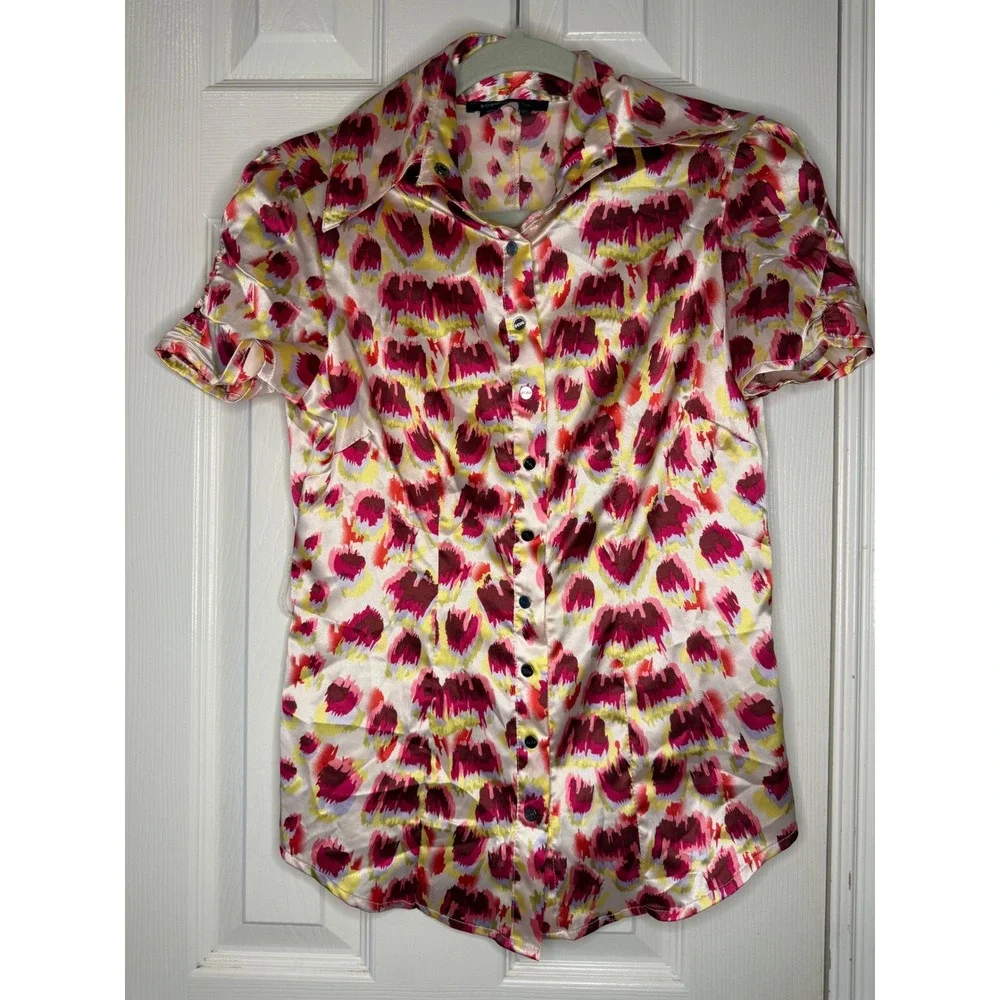 BCBG‎ Max Azria XS Colorful Satin Blouse Y2K Dopamine Dressing Animal Print